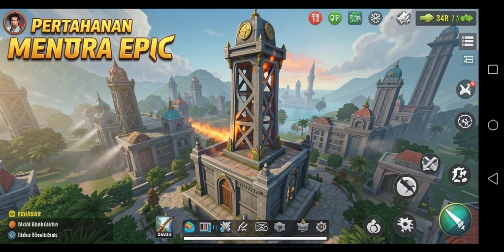 Tampilan screenshot 34R dengan gameplay menara pertahanan yang intens.