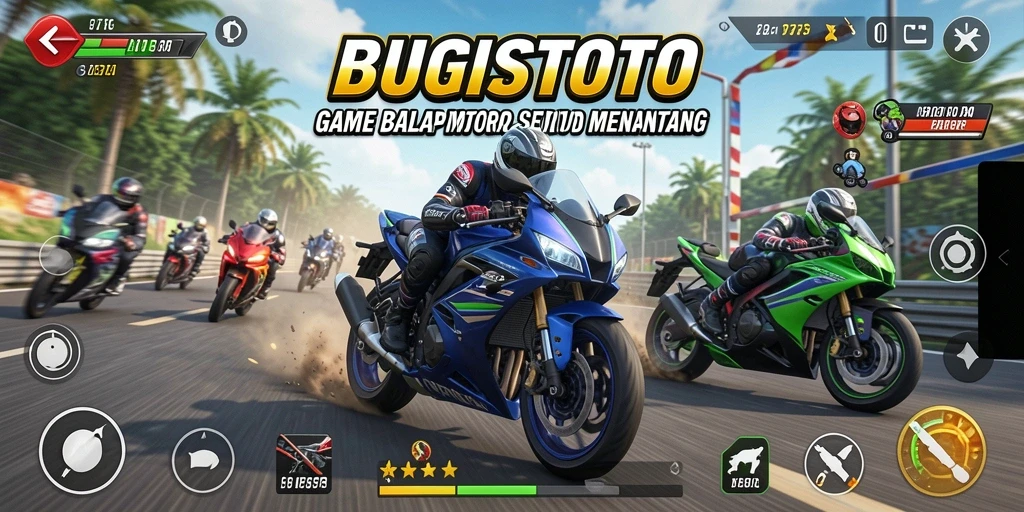 Screenshot gameplay BUGISTOTO menampilkan aksi balap motor yang mendebarkan.