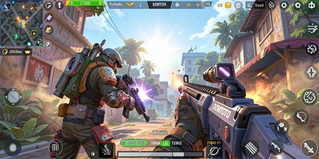 Tampilan layar utama DOMTOTO dengan aksi gameplay FPS yang intens.