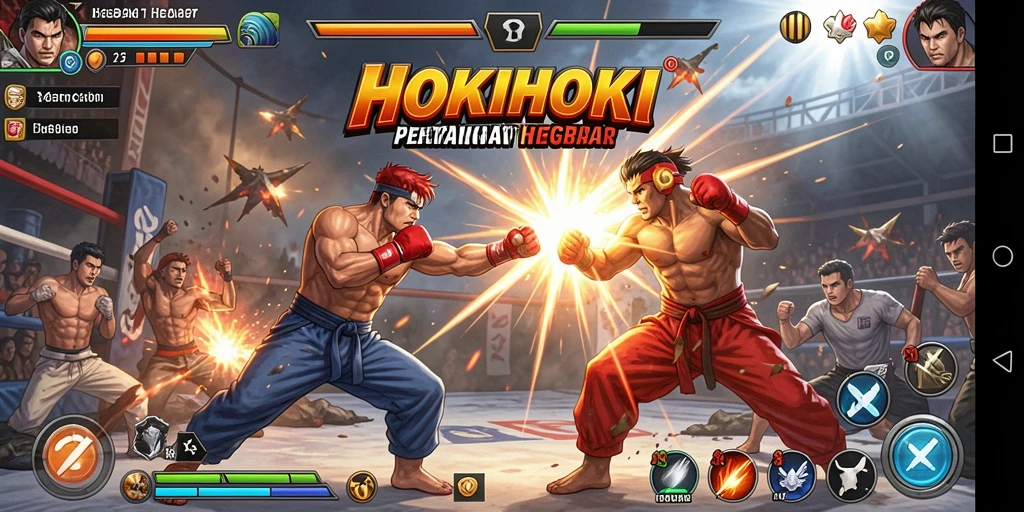 Tampilan gameplay HOKIHOKI dengan aksi pertarungan epik.