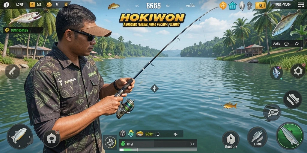 Tampilan gameplay HOKIWON yang penuh tantangan saat memancing.