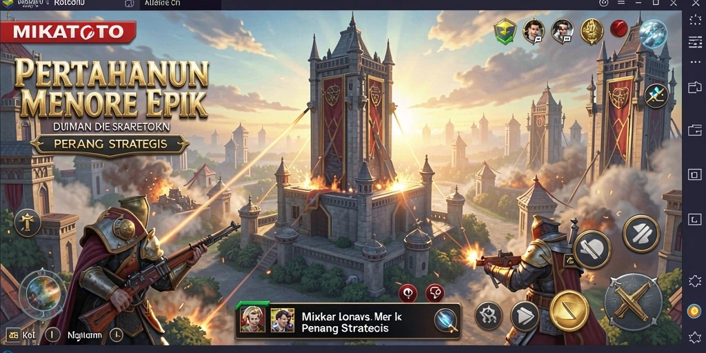 Tampilan gameplay MIKATOTO menampilkan pertahanan menara yang epik melawan gelombang musuh.