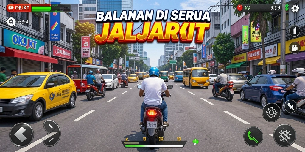Screenshot gameplay OKJKT menampilkan aksi balapan penuh kecepatan.