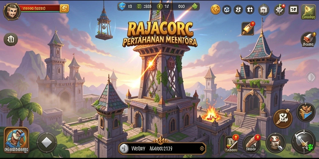Tangkapan layar RAJACORC menampilkan aksi permainan Tower Defense yang mendebarkan.