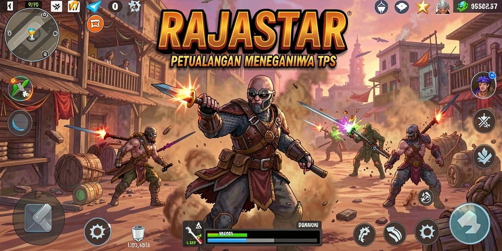 Tangkapan layar utama RAJASTAR menampilkan aksi pertempuran yang mendebarkan.