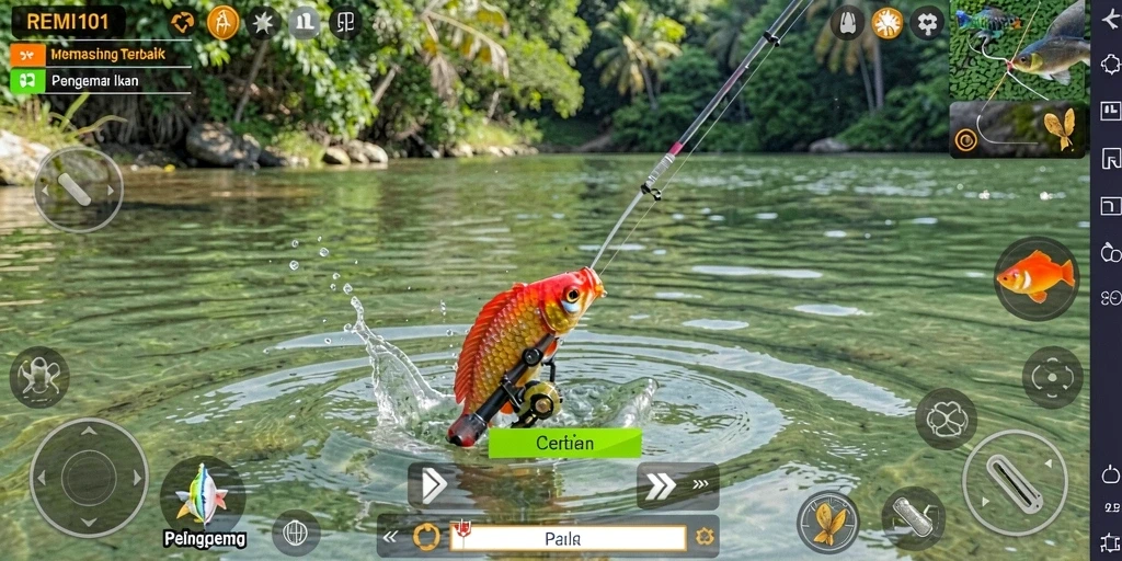 Screenshot gameplay <strong>REMI101</strong> menampilkan aksi memancing yang seru dan grafis menawan.