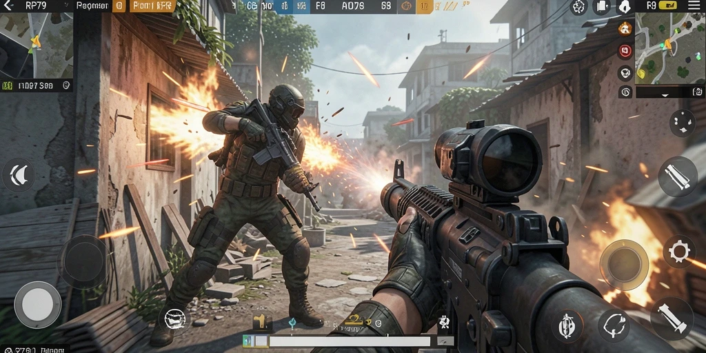 Screenshot gameplay RP79 yang menampilkan aksi tembak-tembakan yang intens.