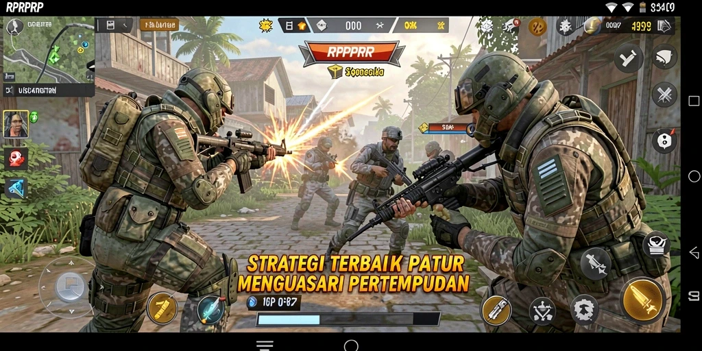 Screenshot permainan RPRPRP yang menunjukkan pertempuran strategis yang intens.