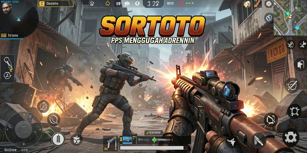 Screenshot SORTOTO menunjukkan aksi menembak seru di battlefield.