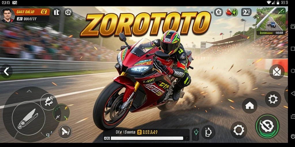 Tampilan gameplay ZOROTOTO yang mendebarkan dalam balapan motor.